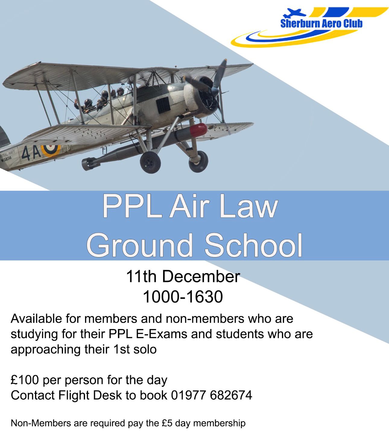 Available to members and non-members who are studying for their PPL E-exams and students who are approaching their first solo.
£100 per person for the day. Contact the Flightdesk to book on 01977 682674. * Note non-members are required to pay the £5 day membership.